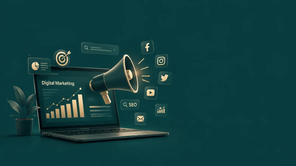 image of Digital marketing strategy with SEO, social media, and analytics